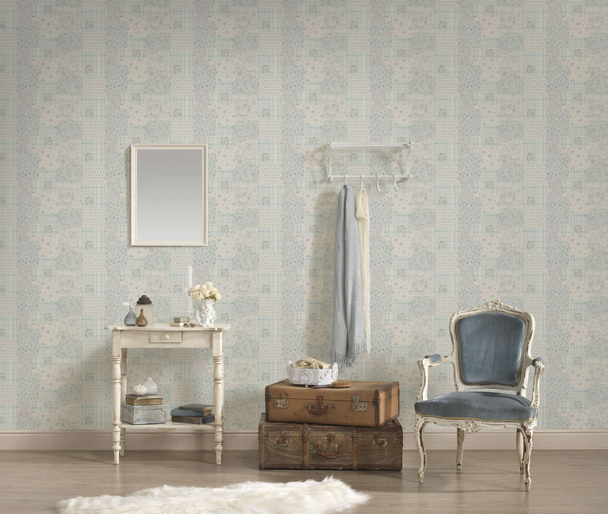 The Tansy Arbour | Azure & Smoked Grey Luxe wallpaper shown hung on a styled interior wall (official room photo)