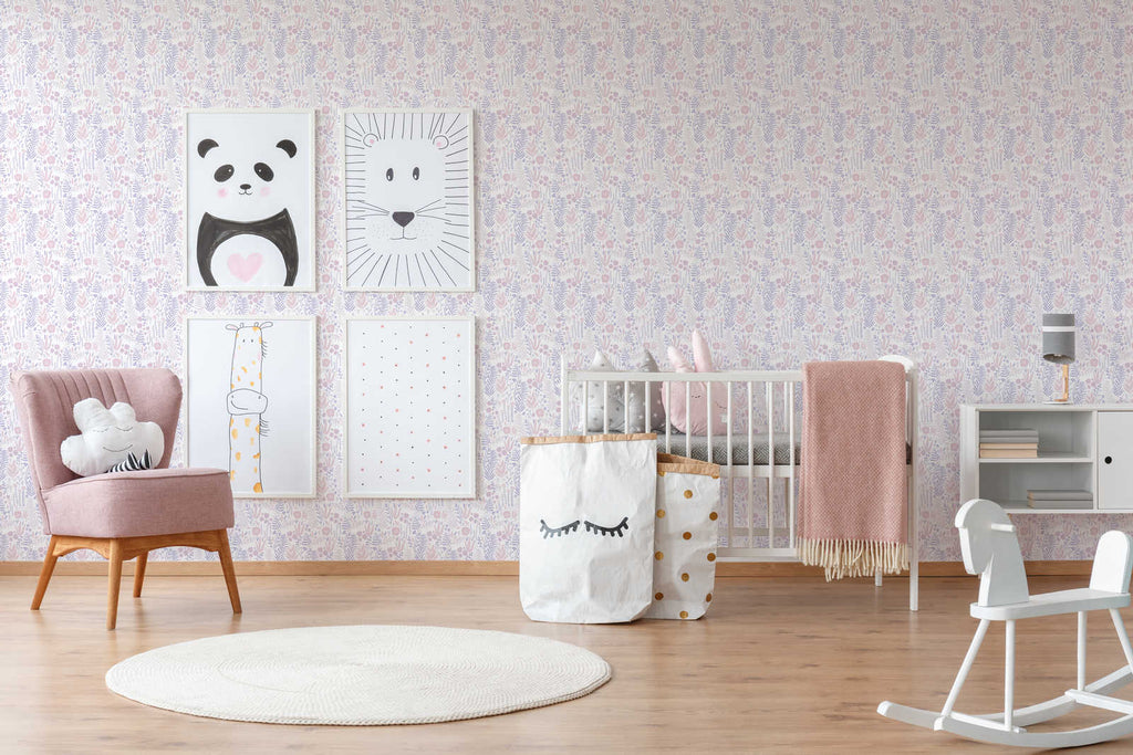 The Meander Court | Blush & Violet Luxe wallpaper shown hung on a styled interior wall