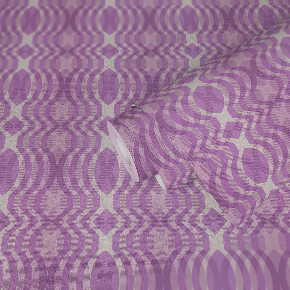 Roll of The Fretwork Colonnade | Cream & Violet Luxe partly unrolled, 0.53 m × 8.5 m