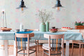 The Celandine Garden Room | Azure & Cream Luxe wallpaper shown hung on a styled interior wall (official room photo)