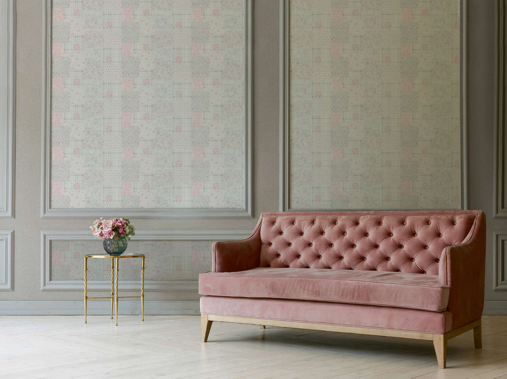The Hellebore Garden Room | Smoked Grey & Blush Luxe wallpaper shown hung on a styled interior wall (official room photo)