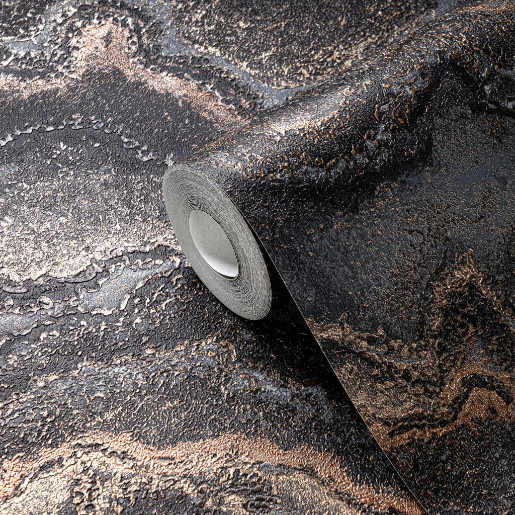 Roll of The Chalcedony Studio | Deep Black & Copper Luxe partly unrolled, 0.53 m × 10.05 m