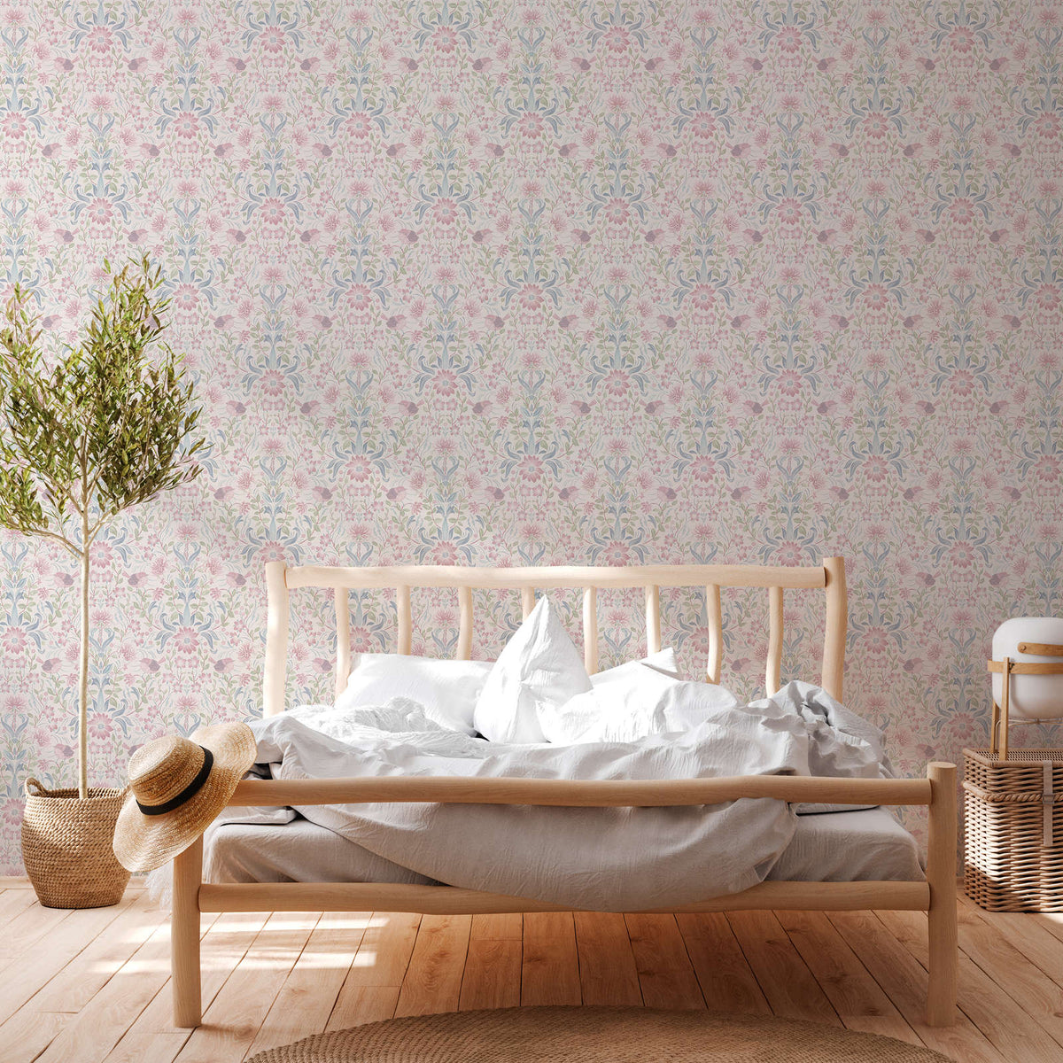 The Verbena Bower | Azure & Cream Luxe wallpaper shown hung on a styled interior wall (official room photo)