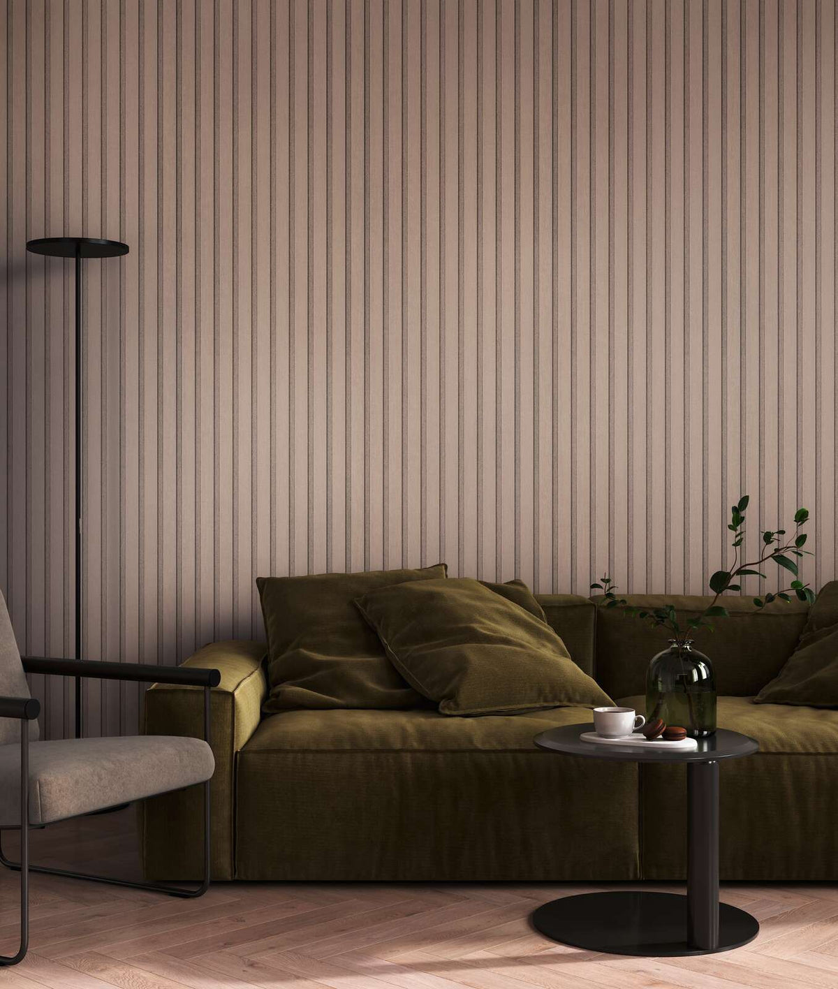 The Fluted Gallery | Driftwood Taupe Luxe wallpaper hung behind an olive green sofa, floor lamp and side table in a living room