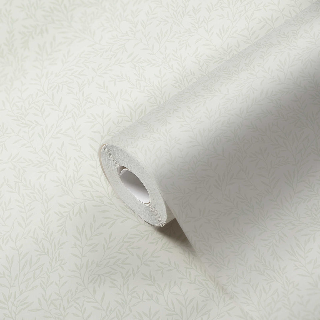 Roll of The Quince Blossom Bower | Sage & Luminous White Luxe partly unrolled, 0.53 m × 10.05 m