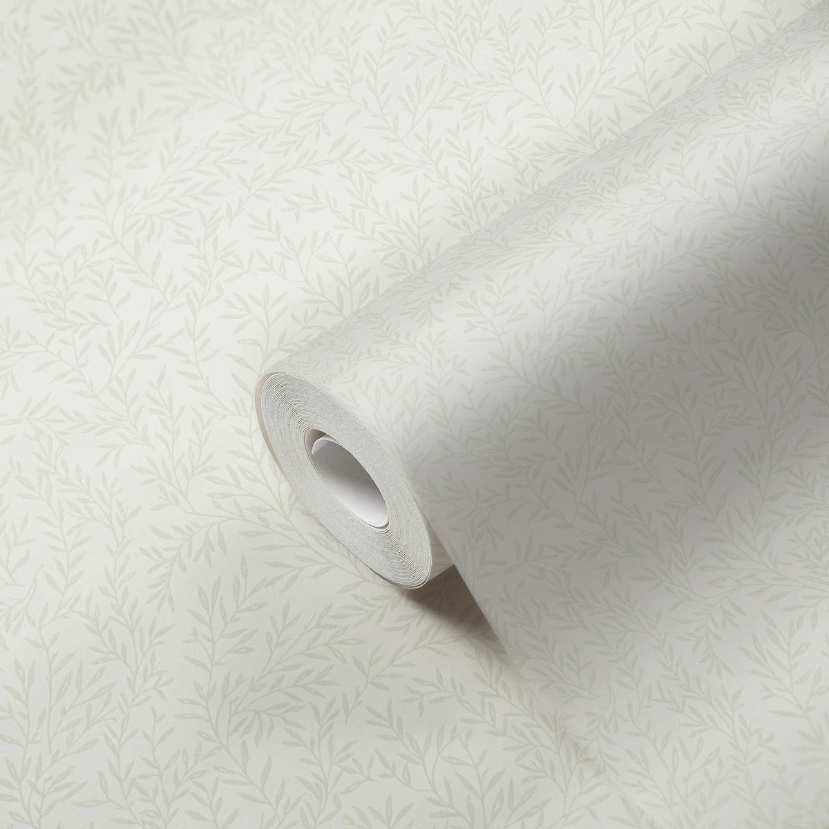 Roll of The Quince Blossom Bower | Sage & Luminous White Luxe partly unrolled, 0.53 m × 10.05 m
