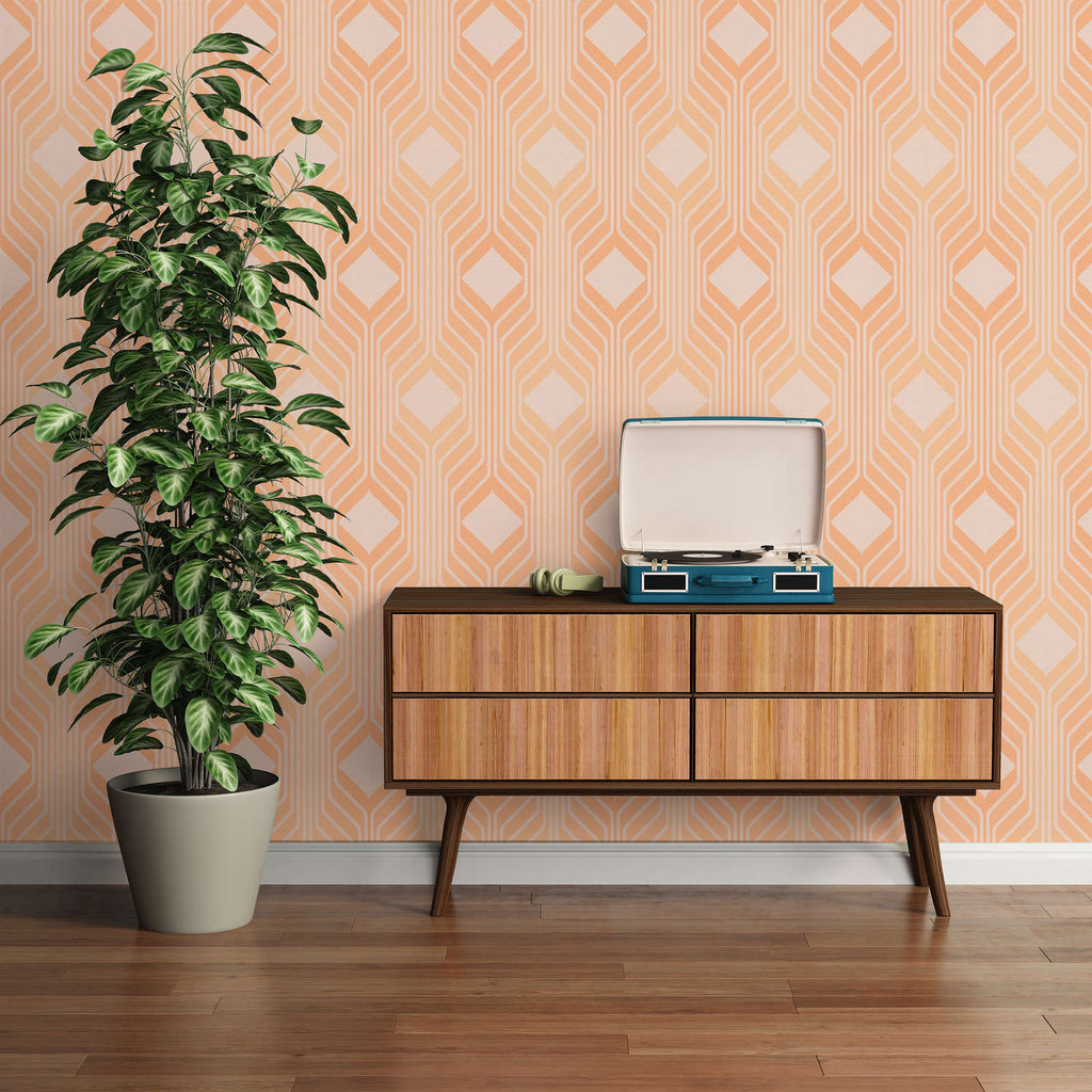 The Parquet Atrium | Warm Beige & Terracotta Luxe wallpaper shown hung on a styled interior wall