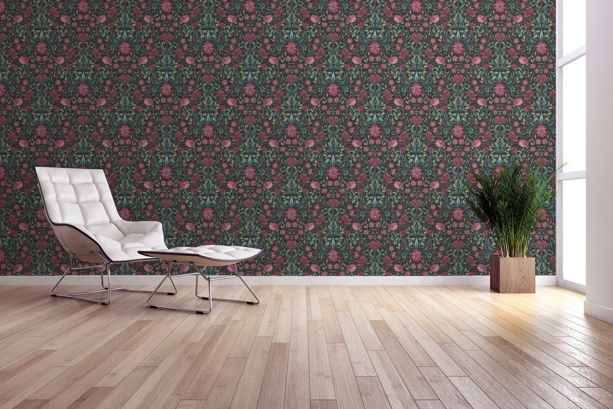 The Agapanthus Arbour | Deep Black & Azure Luxe wallpaper shown hung on a styled interior wall (official room photo)