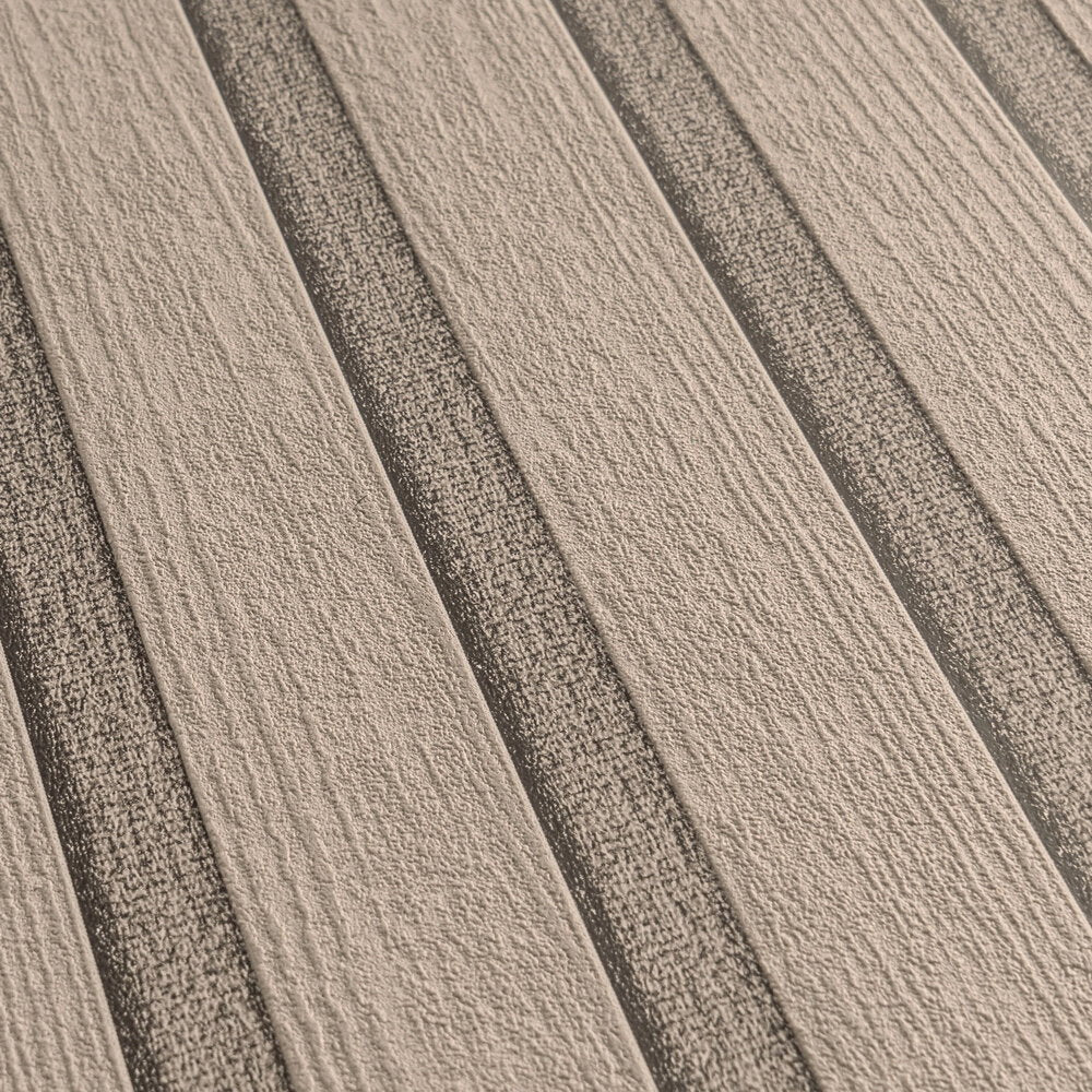 Close up of the driftwood taupe slats and umber bands of The Fluted Gallery | Driftwood Taupe Luxe