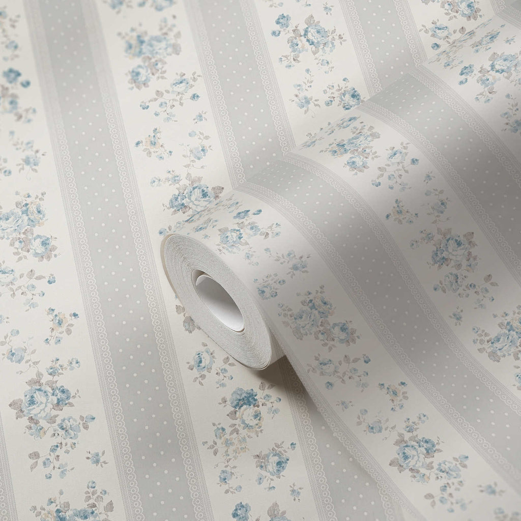 Roll of The Cornflower Parlour | Dove Grey & Delft Blue Luxe partly unrolled showing the striped floral design