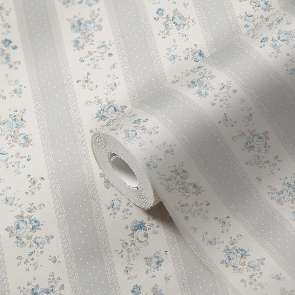 Roll of The Cornflower Parlour | Dove Grey & Delft Blue Luxe partly unrolled showing the striped floral design