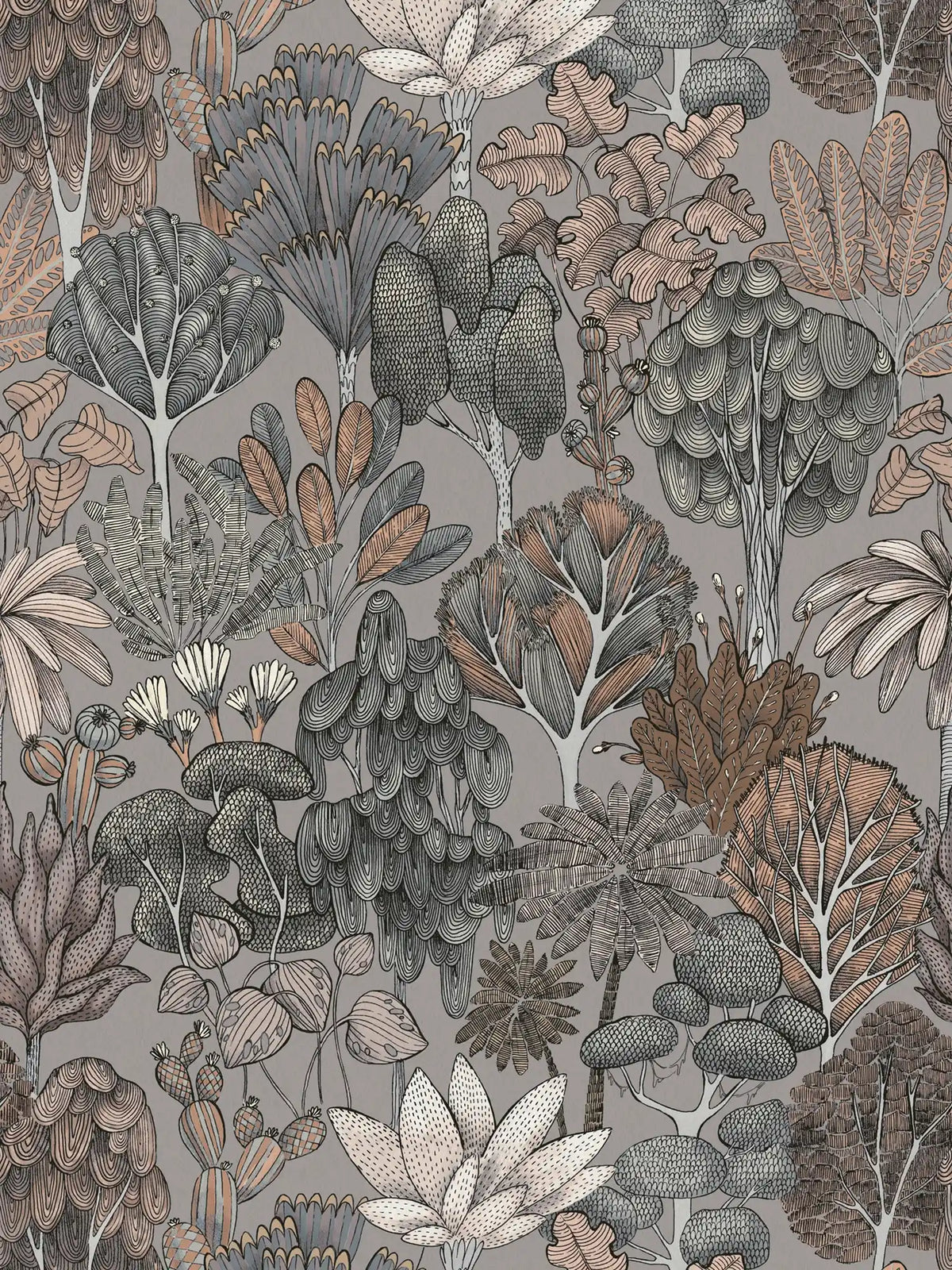 Flat view of the taupe and grey illustrated foliage pattern of The Understory Atelier | Taupe Grey Luxe