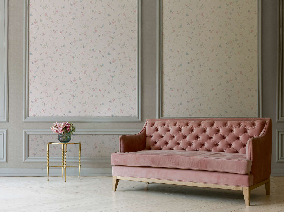 The Quince Blossom Arbour | Azure & Sage Luxe wallpaper shown hung on a styled interior wall (official room photo)