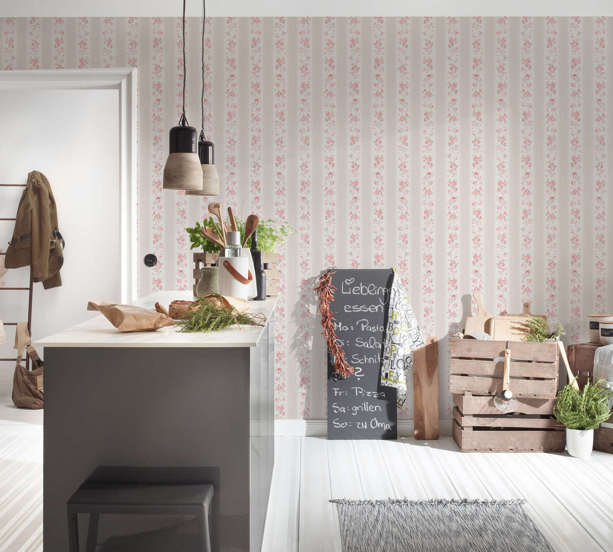 The Honeywort Arbour | Warm Beige & Blush Luxe wallpaper shown hung on a styled interior wall (official room photo)