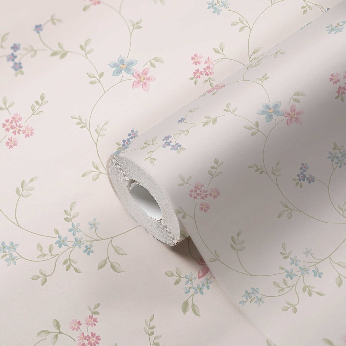 Roll of The Quince Blossom Arbour | Azure & Sage Luxe partly unrolled, 0.53 m × 10.05 m