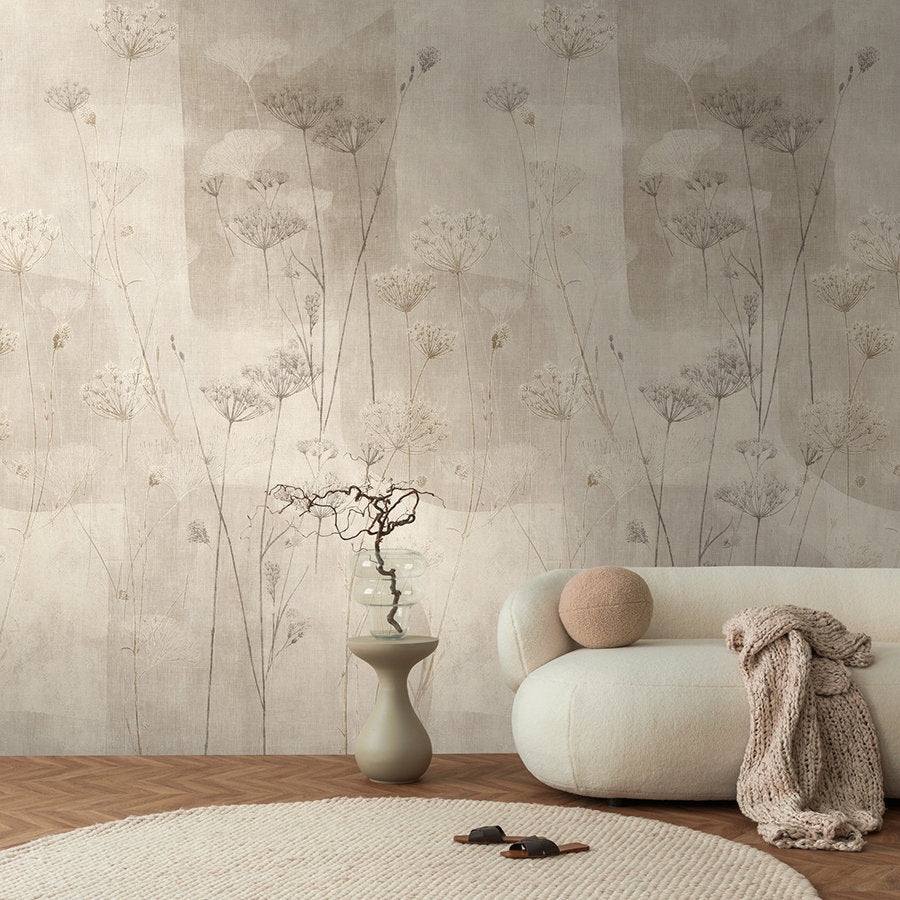 The Botanical Meadow, wild grass and floral silhouette mural in warm beige and cream, A.S. Création view 6