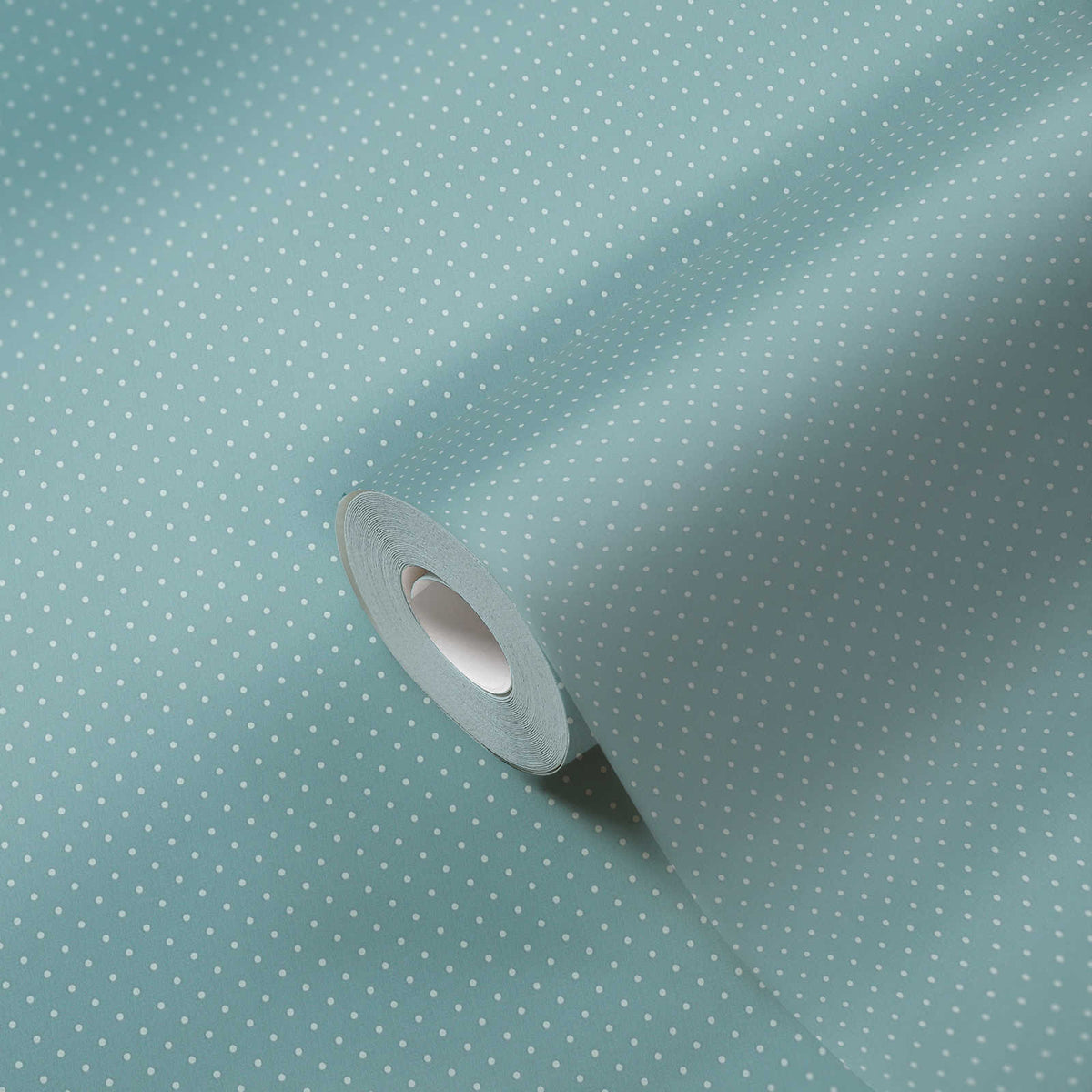 Roll of The Isometric Atrium | Azure & Sage Luxe partly unrolled, 0.53 m × 10.05 m