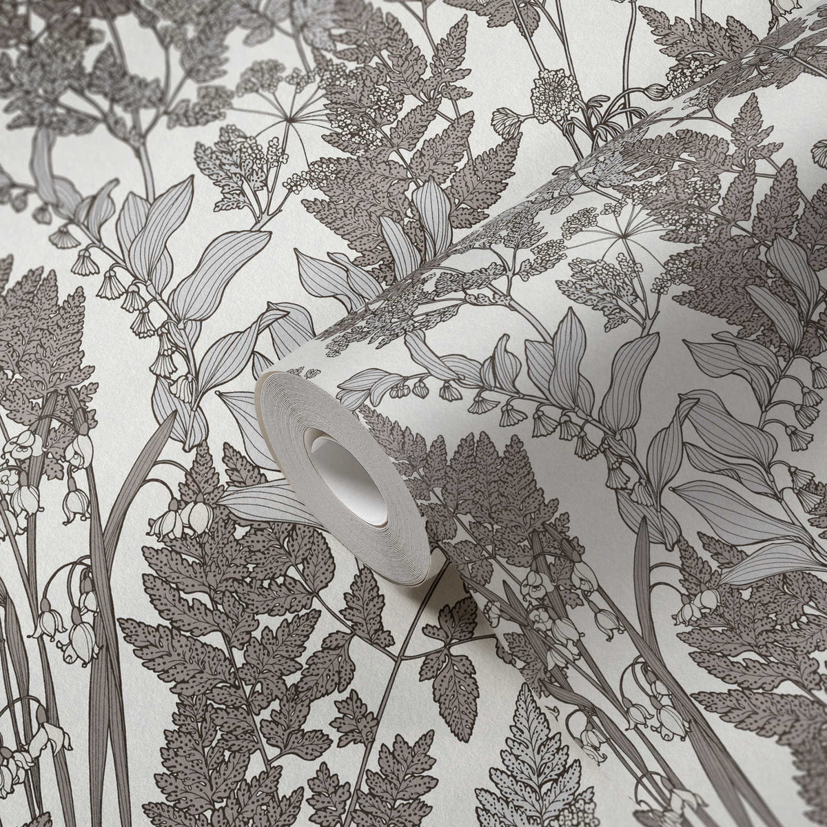 Roll of The Bracken Folio | Mocha Grey Luxe partly unrolled showing the botanical line drawing