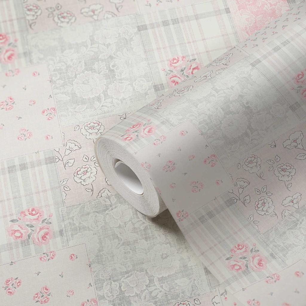 Roll of The Hellebore Garden Room | Smoked Grey & Blush Luxe partly unrolled, 0.53 m × 10.05 m