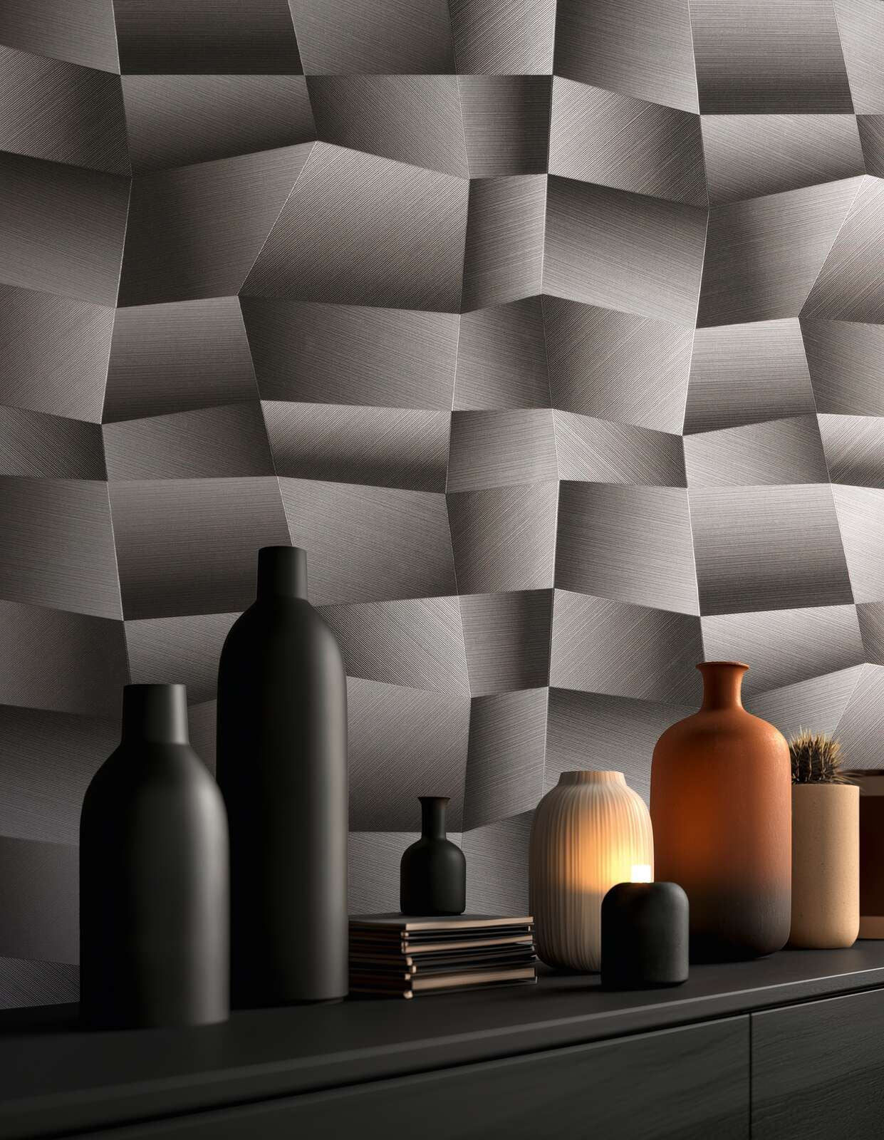 The Geometric Illusion | Smoked Black & Metallic Grey Luxe