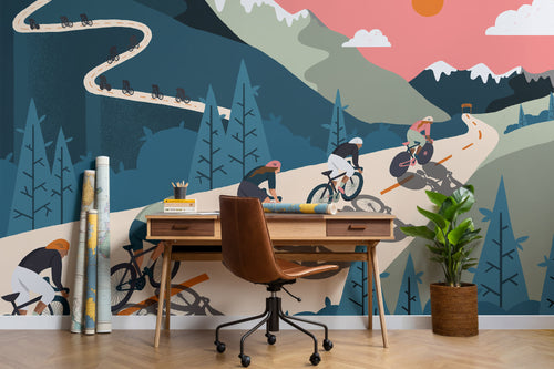 The Alpine Peloton mural in coral and deep teal behind a desk in a home office