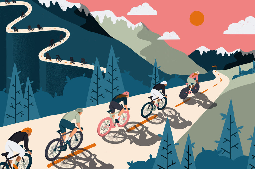 Full artwork view of The Alpine Peloton mural in coral and deep teal, showing cyclists racing down a mountain road