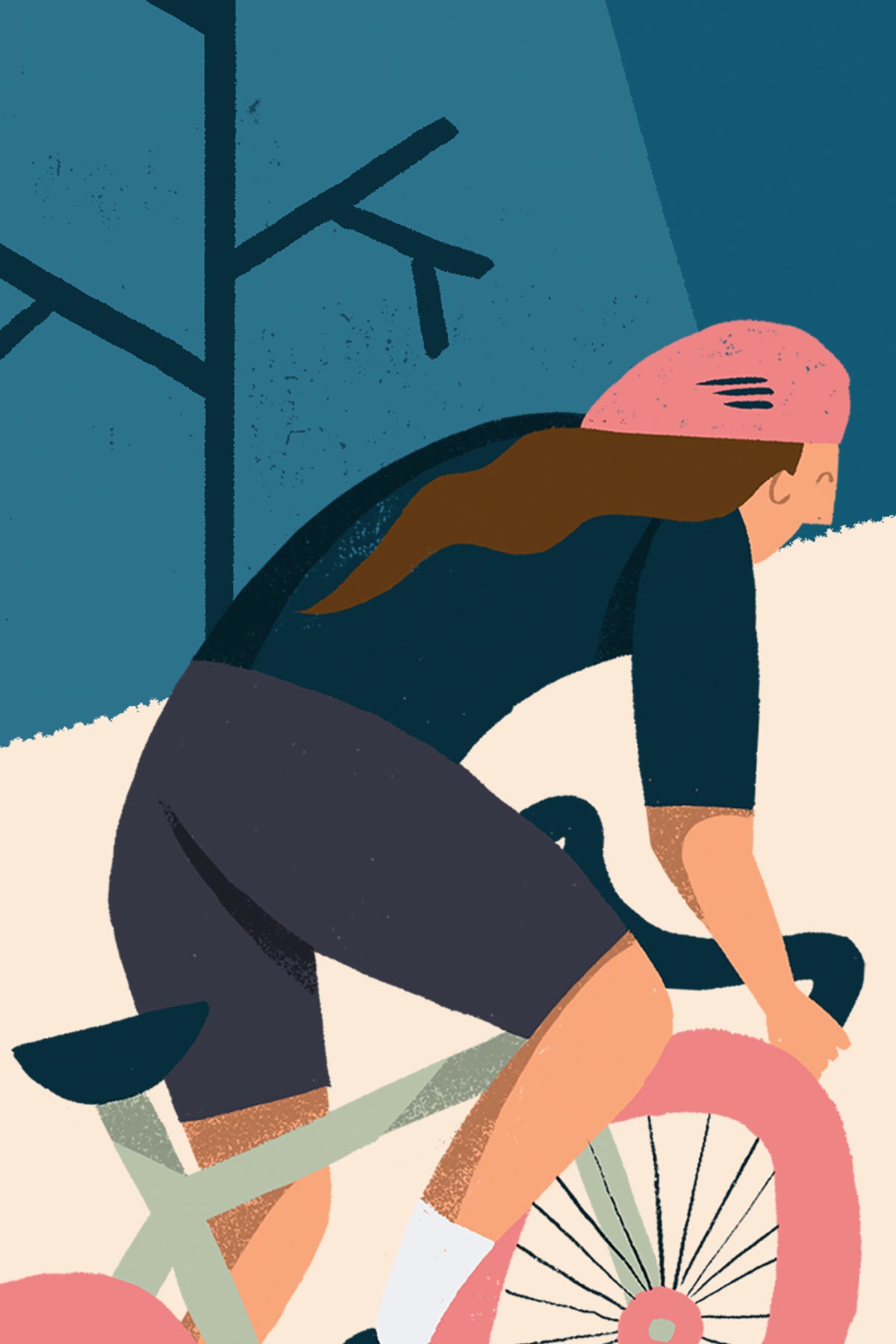 Close-up of The Alpine Peloton mural in coral and deep teal showing the cyclists racing down a mountain road in detail