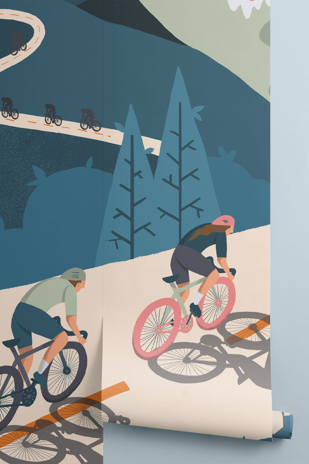 Rolled panel of The Alpine Peloton mural in coral and deep teal