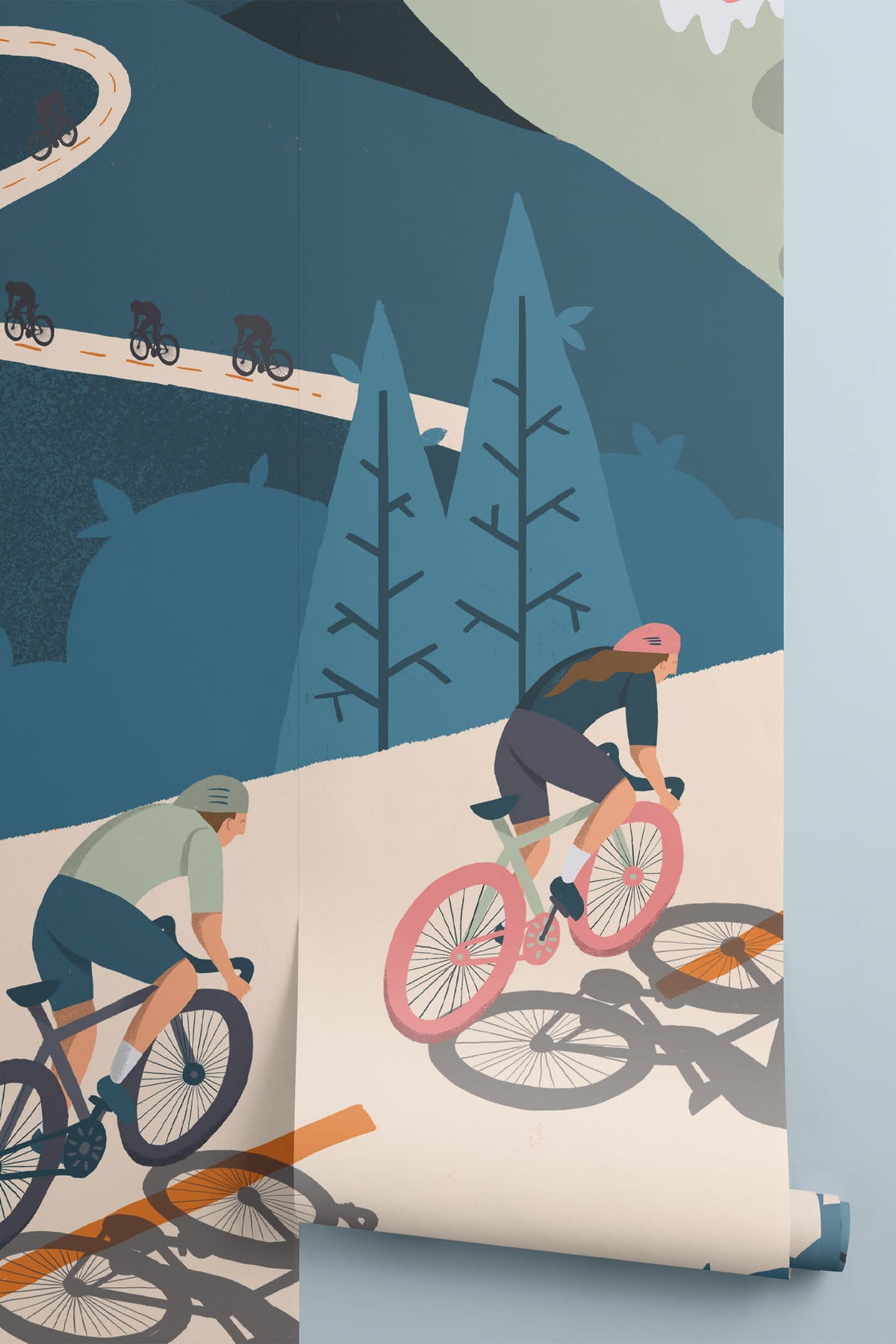 Rolled panel of The Alpine Peloton mural in coral and deep teal