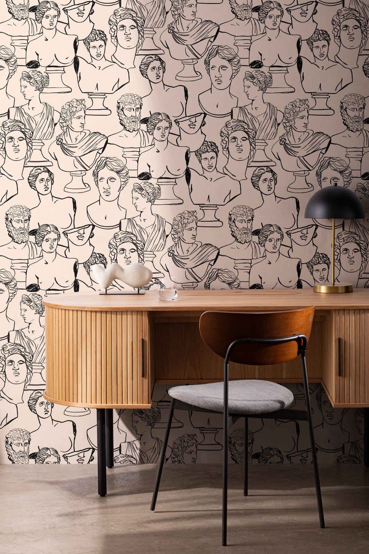The Antiquity Salon wallpaper in parchment beige behind a desk in a home office