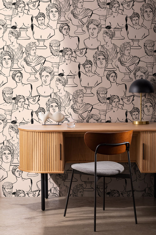 The Antiquity Salon wallpaper in parchment beige behind a desk in a home office