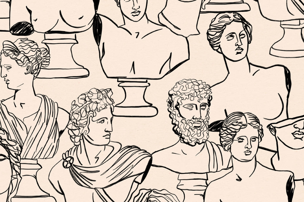Flat pattern view of The Antiquity Salon wallpaper in parchment beige, showing the line-drawn classical busts
