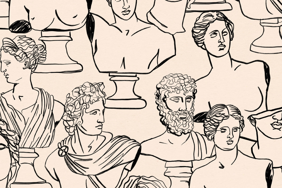 Flat pattern view of The Antiquity Salon wallpaper in parchment beige, showing the line-drawn classical busts