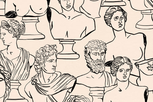 Flat pattern view of The Antiquity Salon wallpaper in parchment beige, showing the line-drawn classical busts