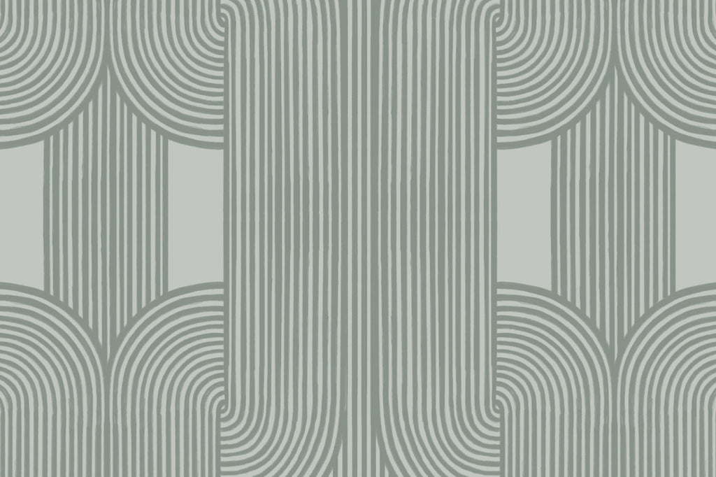 Flat pattern view of The Arcade Curve wallpaper in soft sage, showing the fine lines and arches