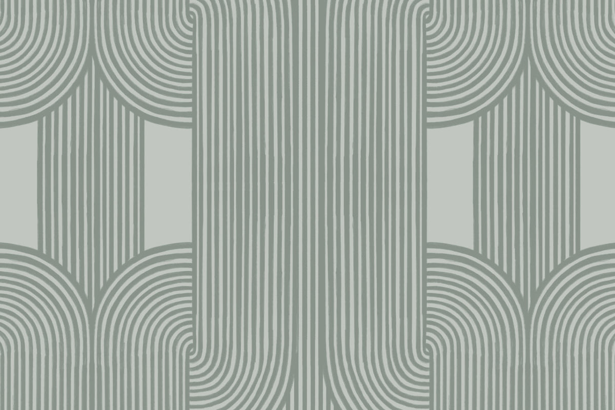 Flat pattern view of The Arcade Curve wallpaper in soft sage, showing the fine lines and arches