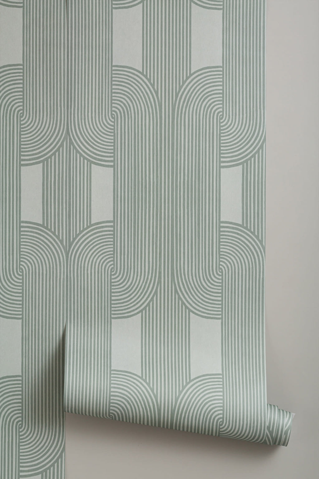 Roll of The Arcade Curve wallpaper in soft sage, another angle