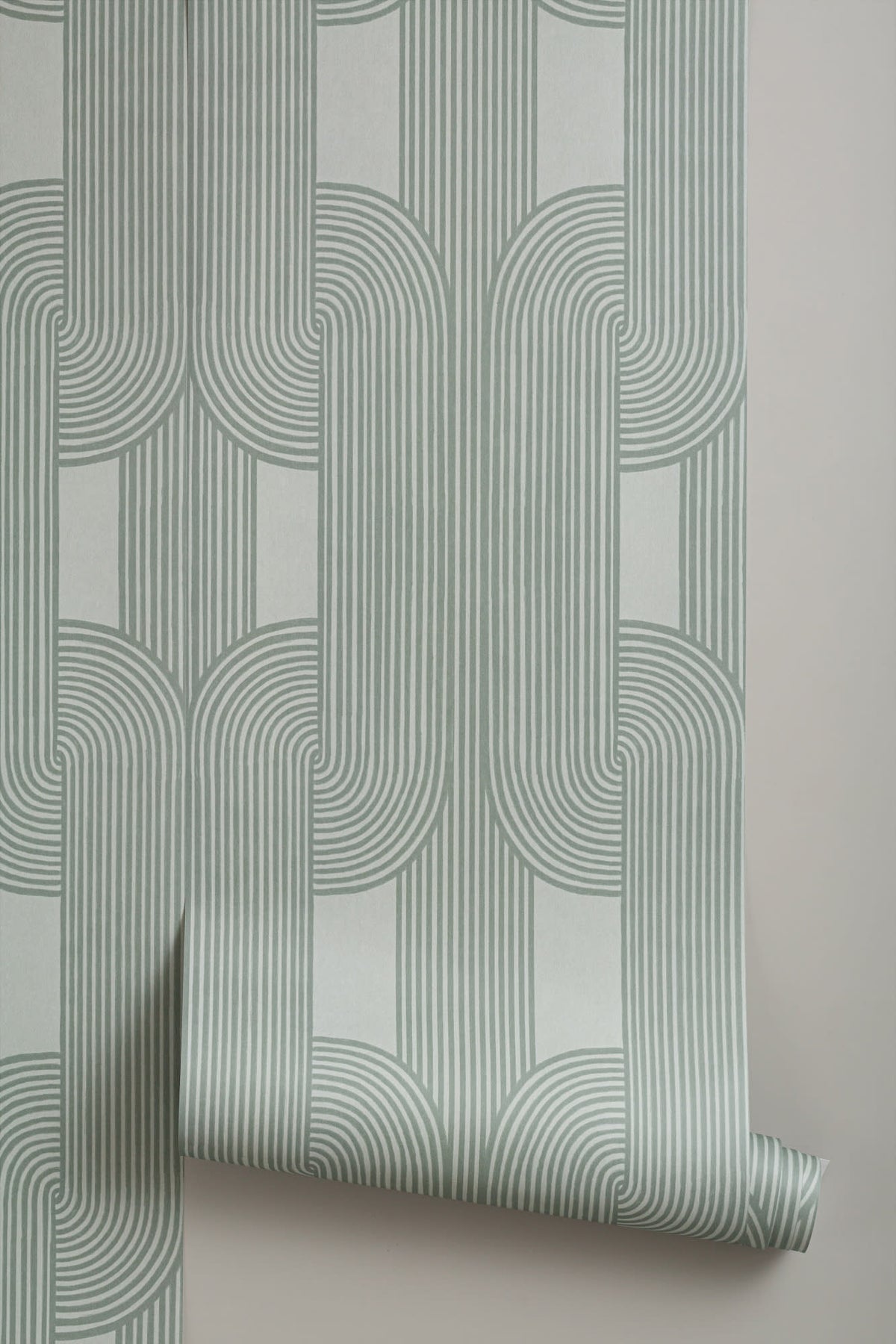 Roll of The Arcade Curve wallpaper in soft sage, another angle