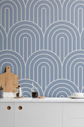 The Arched Pinline wallpaper in steel blue in a kitchen