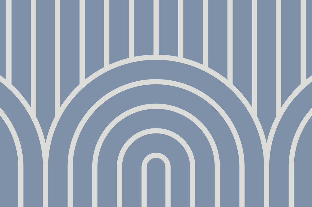 Flat pattern view of The Arched Pinline wallpaper in steel blue, showing the looping tall arches