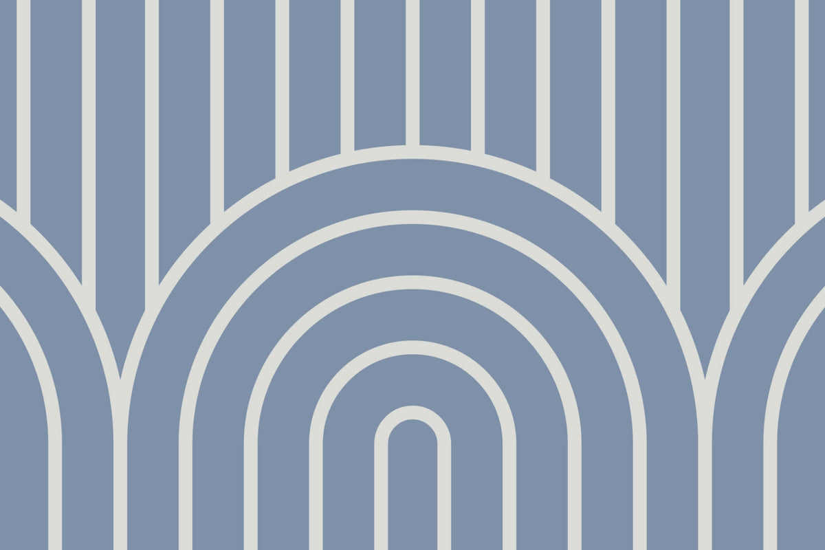 Flat pattern view of The Arched Pinline wallpaper in steel blue, showing the looping tall arches