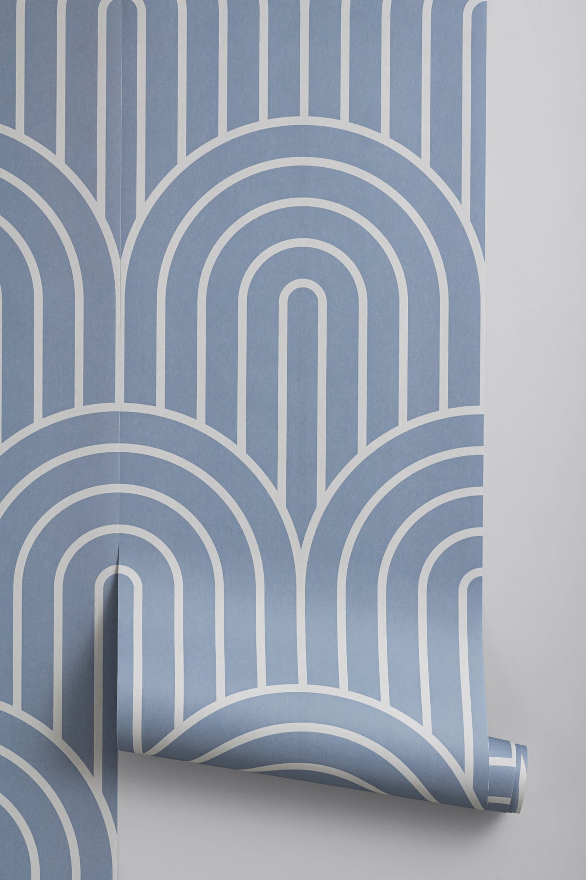 Roll of The Arched Pinline wallpaper in steel blue, another angle