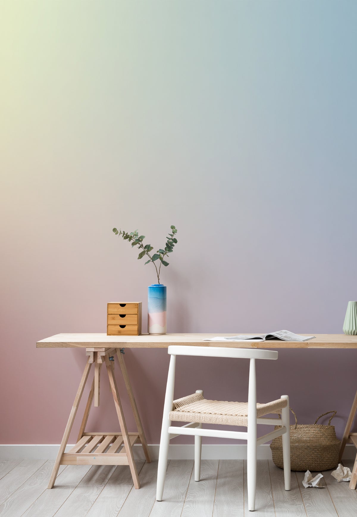 The Aurora Wash mural in sorbet rainbow behind a desk in a home office