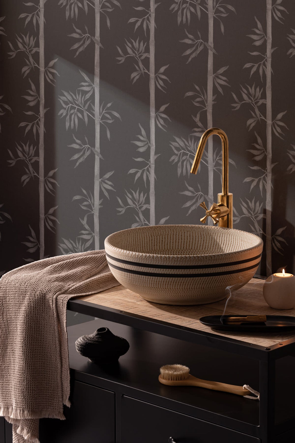 The Bamboo Nocturne wallpaper in charcoal black in a bathroom