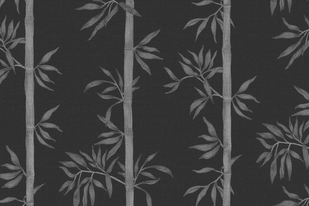 Flat pattern view of The Bamboo Nocturne wallpaper in charcoal black, showing the watercolour bamboo canes