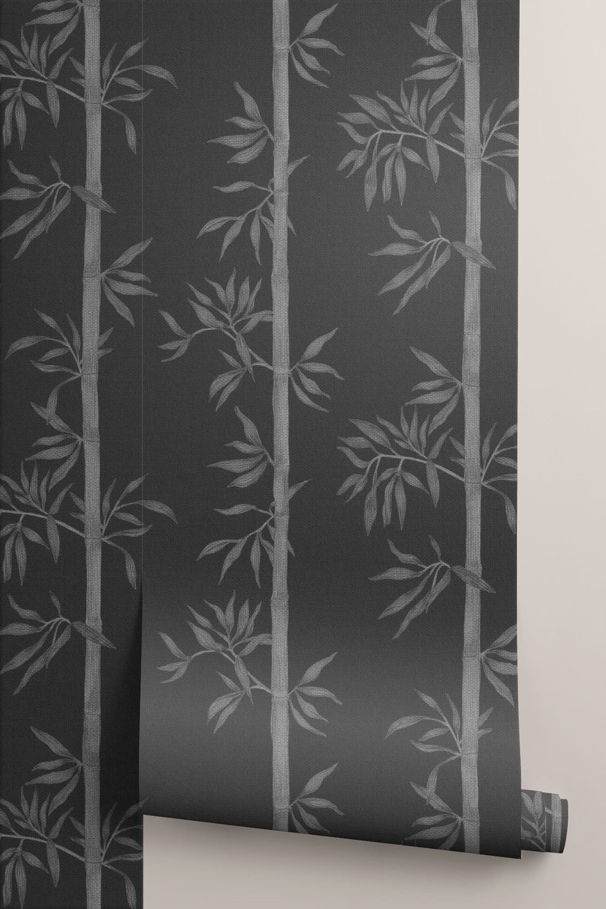Roll of The Bamboo Nocturne wallpaper in charcoal black, another angle