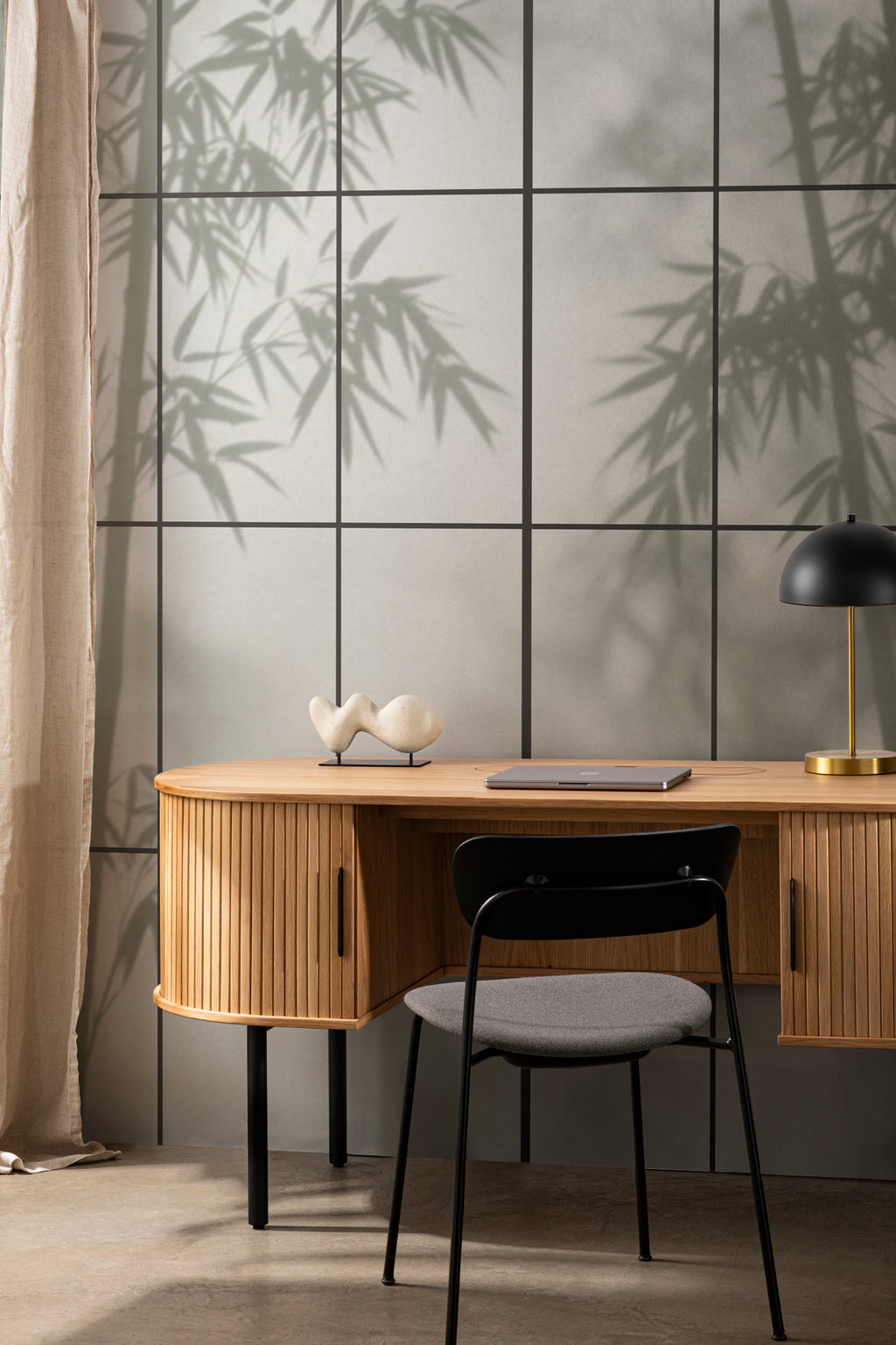 The Bamboo Teahouse mural in misty moss green behind a desk in a home office