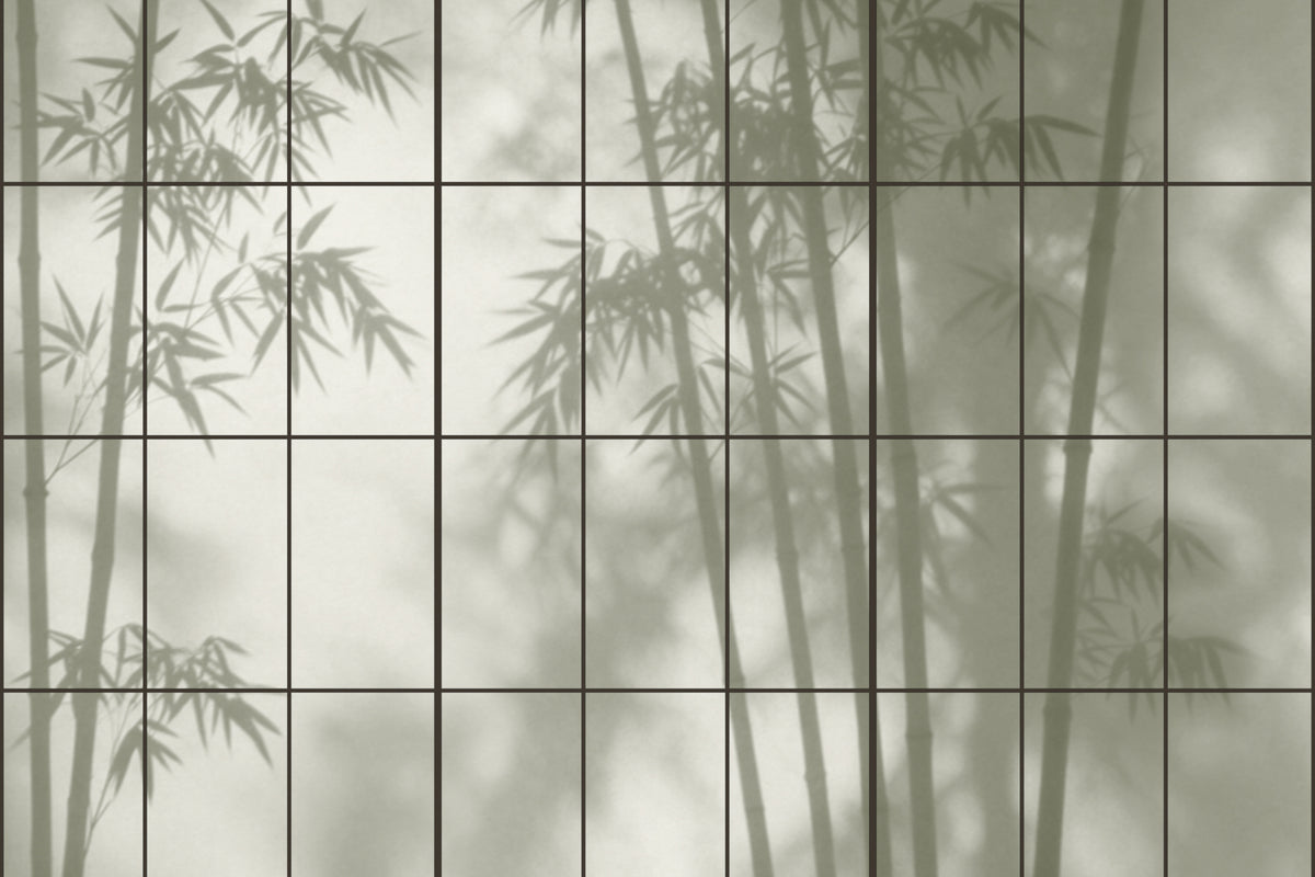 Full artwork view of The Bamboo Teahouse mural in misty moss green, showing bamboo seen through paper screens