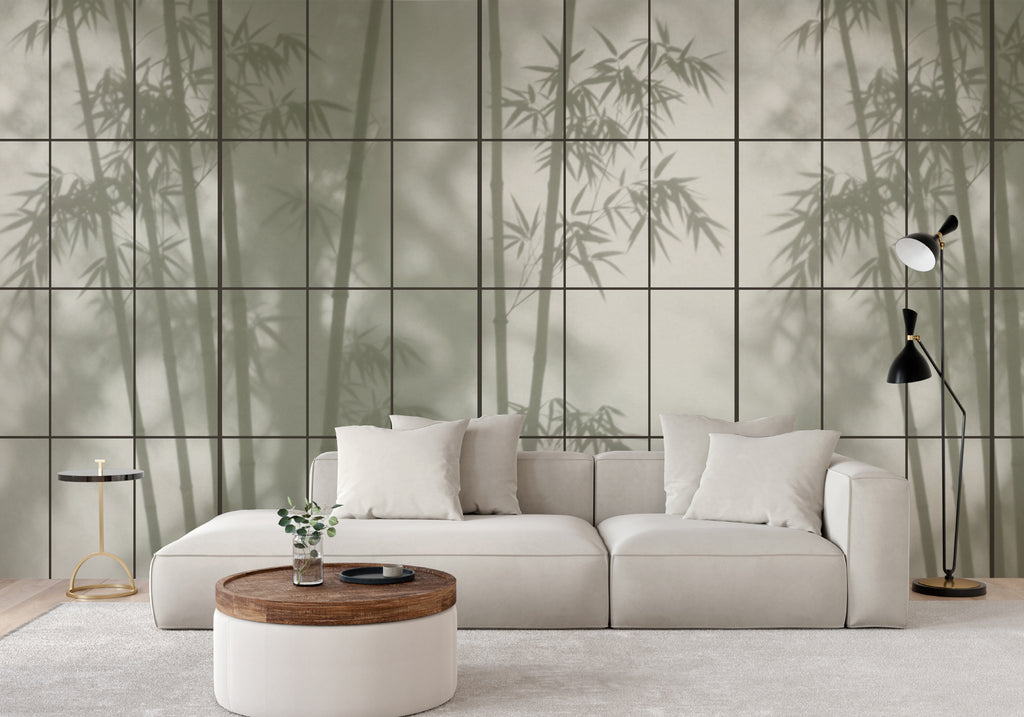 The Bamboo Teahouse mural in misty moss green in a living room