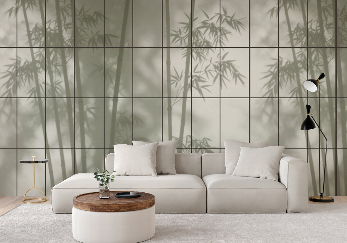 The Bamboo Teahouse mural in misty moss green in a living room